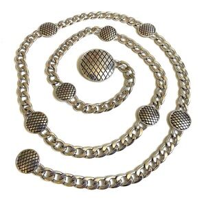 SILVER PLATED METAL CHAIN LINK BELT MEDALLIONS ADJUSTABLE HOOK CLOSURE DIAMONDS